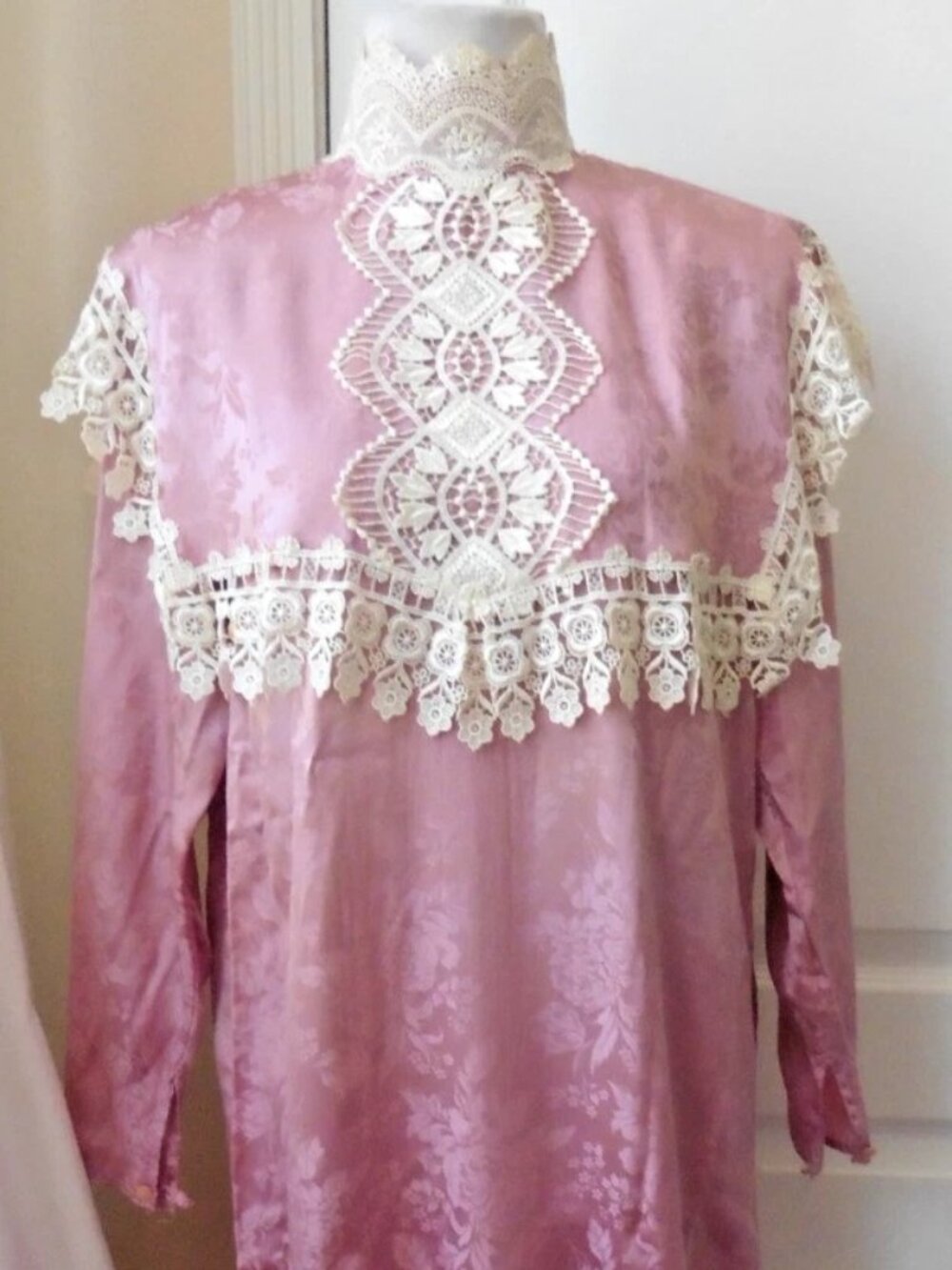 Jessica McClintock Vintage Y2K 80's Pink 100% Silk Lace Trim High Neck Dress 6